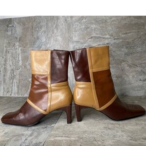 Vintage 90s 1990s Faux Brown Tan leather block chunky heel boots 8 Square toe